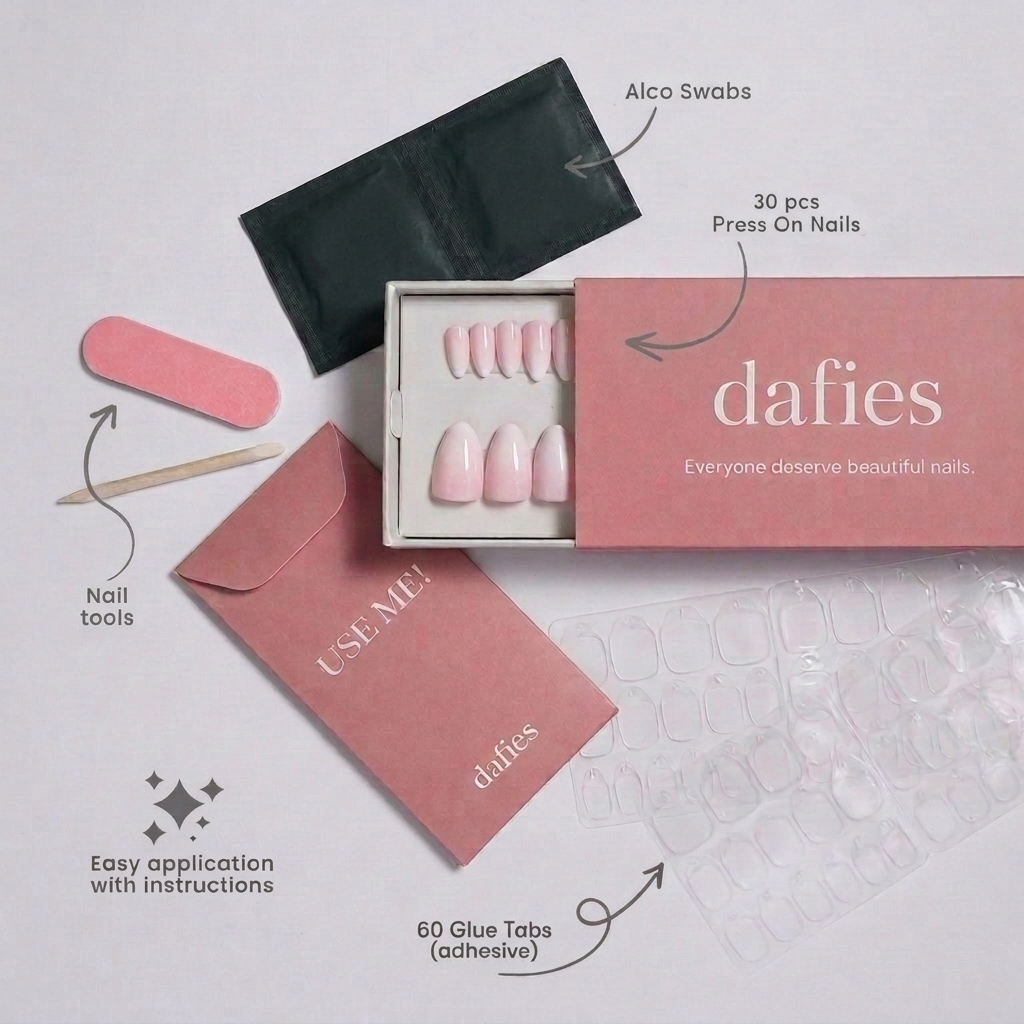 Everything included in a dafies set: press-ons, glue tabs, file, cuticle stick, alcohol swabs