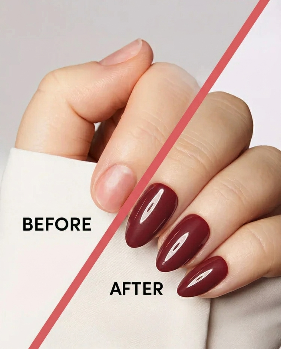 Before and after: bare hand vs. hand wearing deep red almond press-on nails