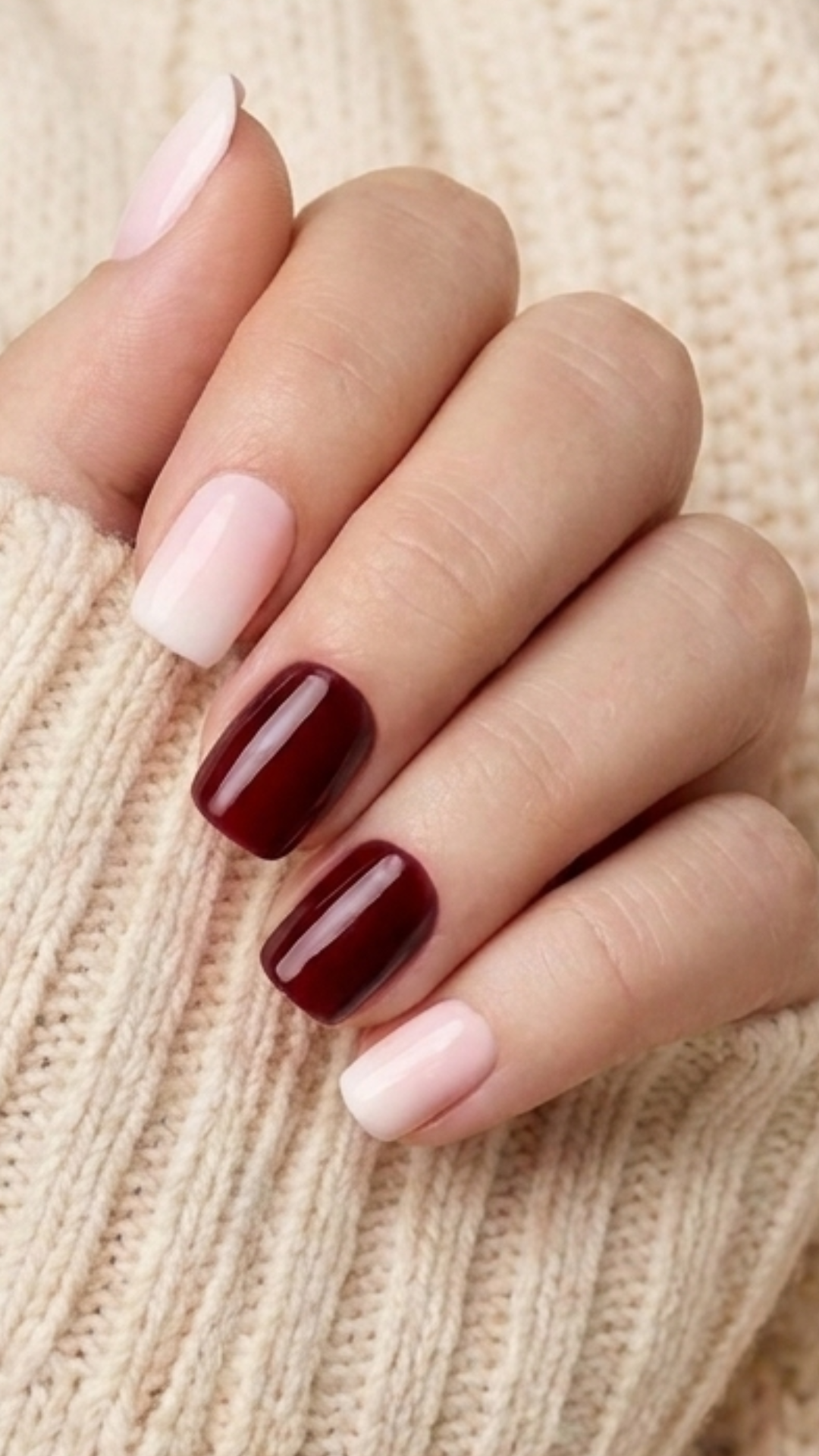 Hand wearing a mix of soft pink and deep wine dafies press-on nails