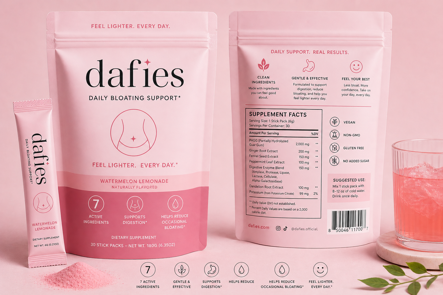 dafies pouch, stick pack, and watermelon lemonade drink