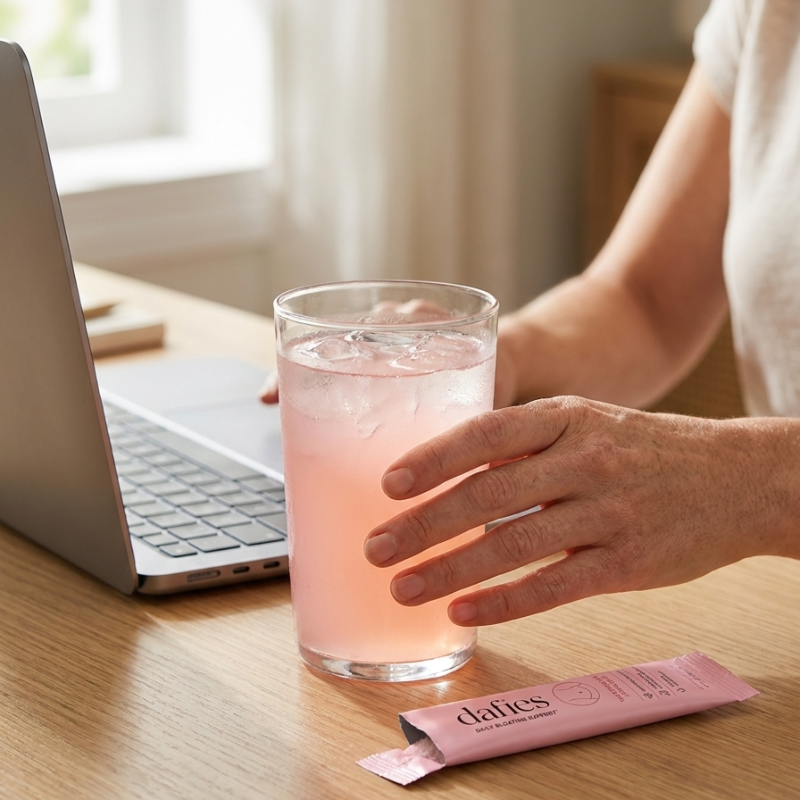 Marissa at her desk with a glass of dafies and a stick pack