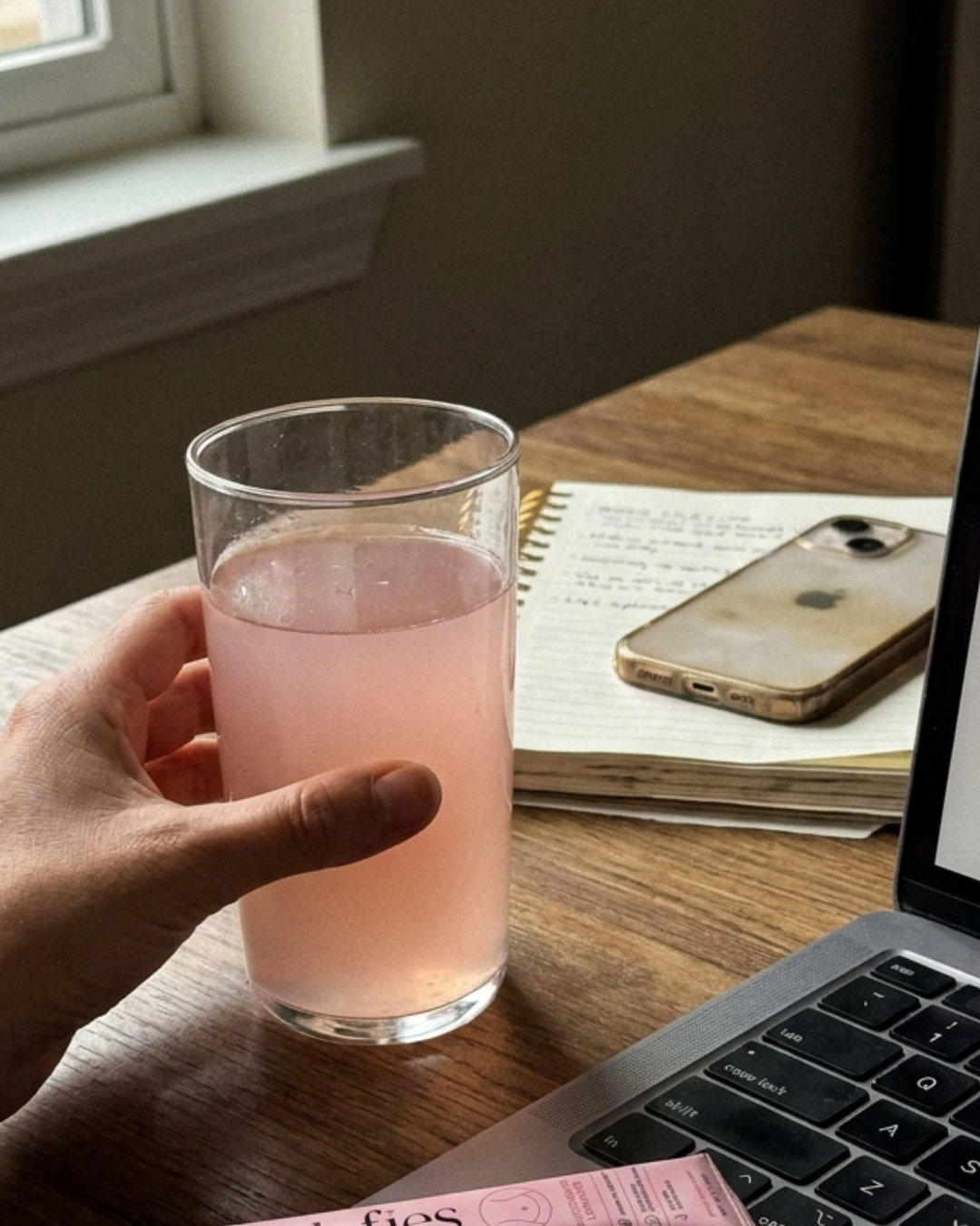 A glass of dafies on a desk while working from home